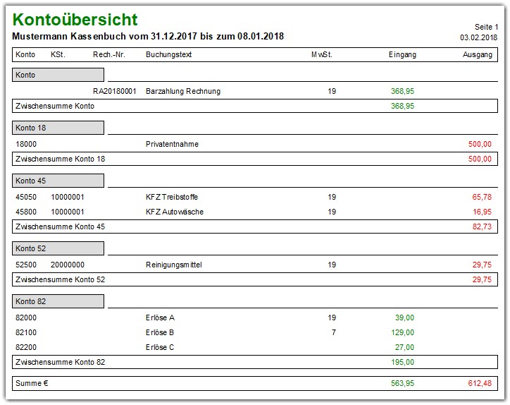 Kassenbuch Ausdruck Kontobersicht