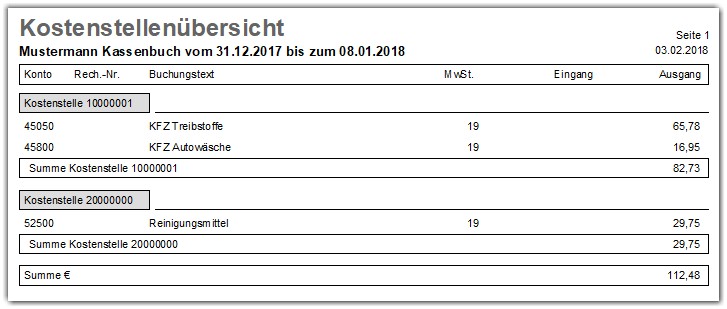 Kassenbuch Ausdruck Kostenstellen